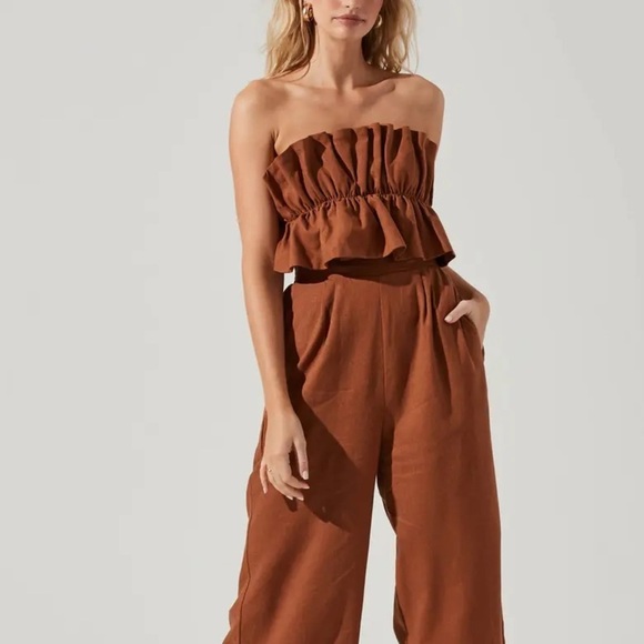 Astr Pants - Ruffle Bodice Tie Back Strapless Cotton & Linen Jumpsuit